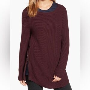 Nordstrom Caslon Rib Knit Cotton Tunic Sweater, Side Zipper Pointelle Burgundy